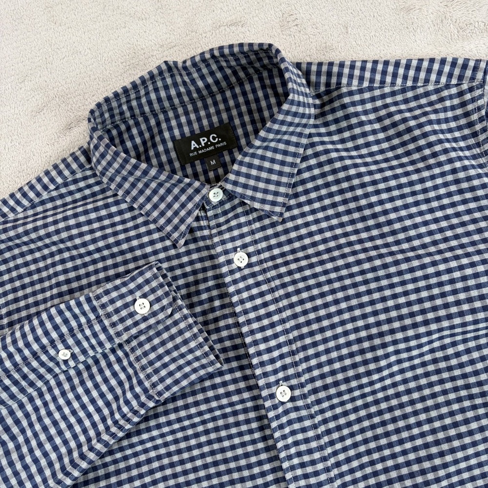 A.P.C. Rue Madame Paris Oxfords Shirt in Navy Grey Gingham Check Men Medium